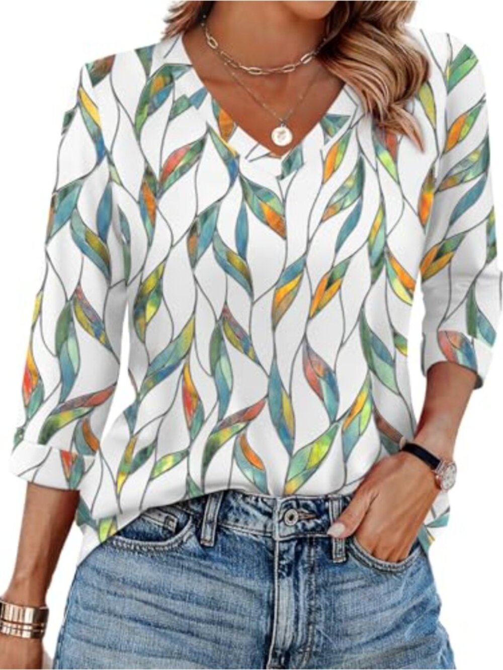 Women's V Neck 3/4 Sleeve Blouse Tunic Top Lightweight Floral Print